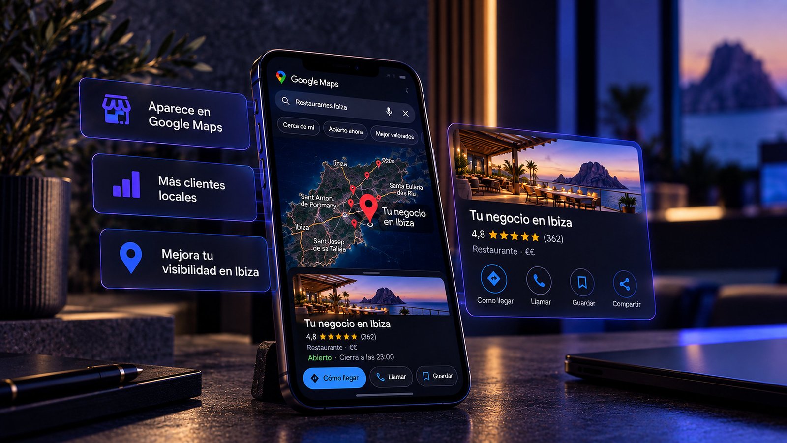 Móvil con Google Maps mostrando la ficha de un restaurante en Ibiza con valoración, horario y botones de llamar y cómo llegar, con es Vedrà al fondo