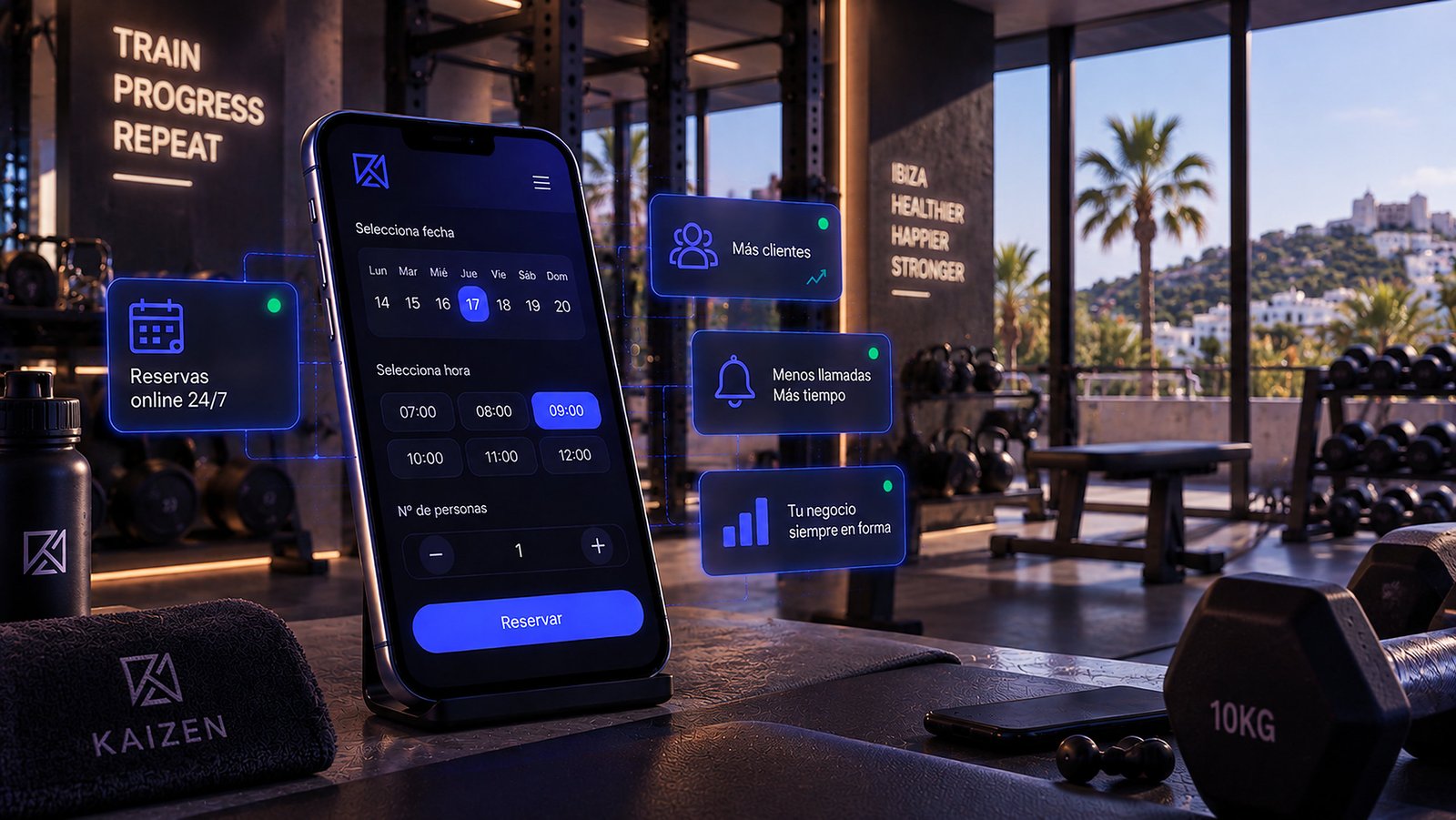 Móvil con una app de reservas de Kaizen en un gimnasio de Ibiza: calendario, horas disponibles y botón de reservar
