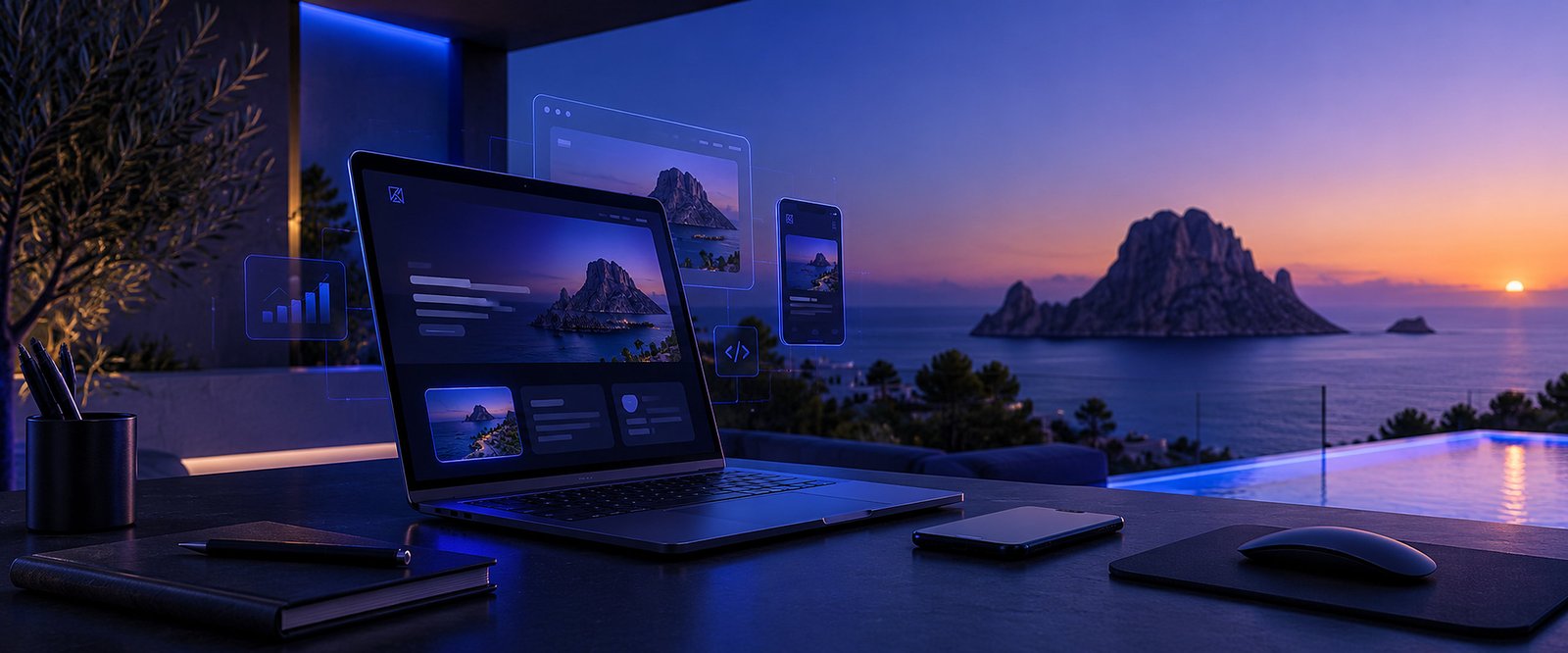 Portátil y móvil con el diseño de una web sobre un escritorio, con es Vedrà al atardecer al fondo
