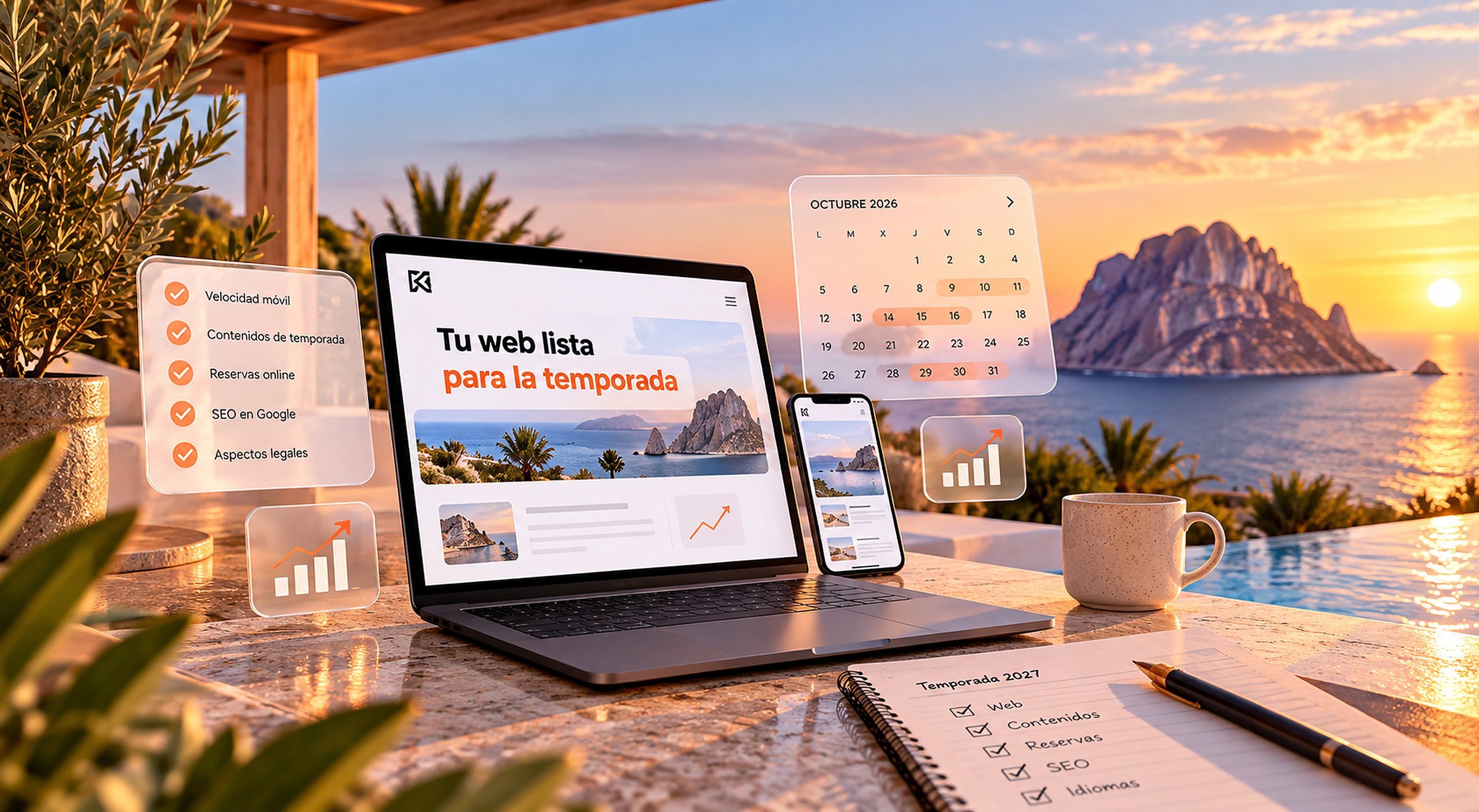 Portátil y móvil con una web lista para la temporada en una terraza de Ibiza, con una lista de revisión, un calendario de octubre y es Vedrà al atardecer